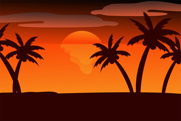 Sunset on beach vector of tropical island landscape