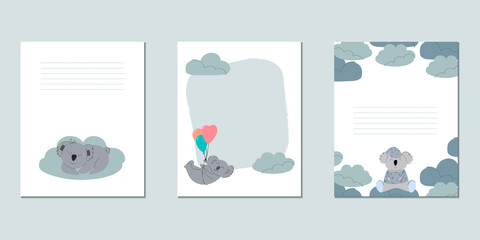 Set of vector baby cards with koalas. Templates for text for a children's party, baby shower, cards, invitations, diplomas.