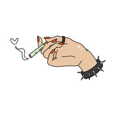 A female hand holds a cigarette. Long nails, spiked bracelet. Smoke in the shape of a heart. Valentine's day concept. Linear colored doodle style. Vector on isolated white background.