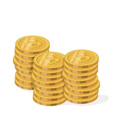 Cryptocurrency golden money digital blockchain symbol isolated on white. Digital currency. Stack of golden coin with bitcoin symbol. Flat design style. Vector illustration.