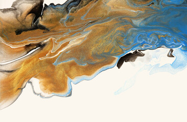 Abstract flow acrylic and watercolor pour flow marble blot painting. Color bronze and gold wave horizontal texture background. - 405870246