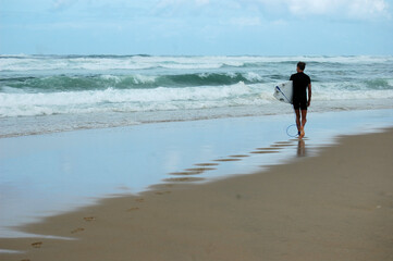 Surfer walking on the shore