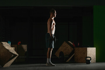 High contrast photo of a young bodybuilder training dumbbell alternate biceps curl in home gym