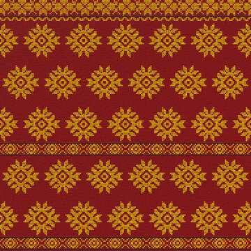 Embroidered good cross-stitch pattern for embroidery. Ukrainian ethnic ornament. ethnic handmade embroidery in red color. 3D-rendering
