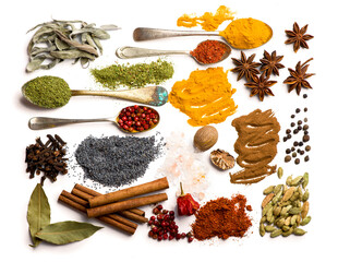 spices and herbs on white background. top view
