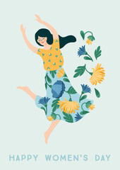 International Women s Day. Vector template with dancing woman and flowers for card, poster, flyer and other