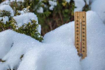 Thermometer on snow shows low temperatures in celsius or farenheit.