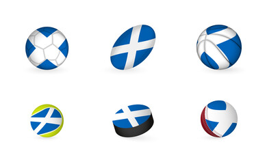 Sports equipment with flag of Scotland. Sports icon set.