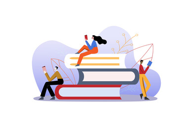 Men and woman sitting on a pile of books.