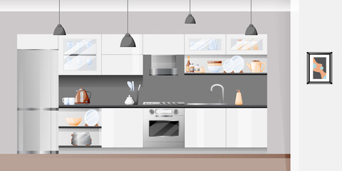 Modern white kitchen interior. Vector flat cartoon illustration. House furniture background and design element