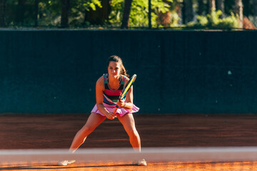 Female tennis player waiting to return serve playing a tennis game on a clay court.