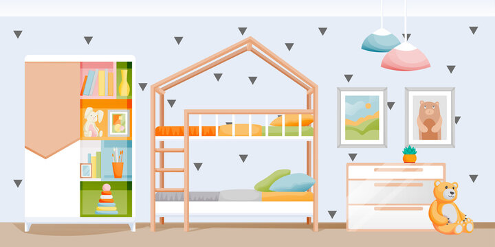 Modern light kids bedroom with bunk bed, wardrobe and toys. Children playroom interior. Vector flat cartoon illustration