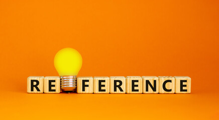 Reference symbol. Wooden cubes with the word 'reference'. Yellow light bulb. Beautiful orange background. Business and reference concept. Copy space. - obrazy, fototapety, plakaty
