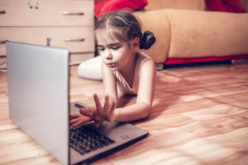 Online hobby, fitness, distant training. Young ballerina talking with dance classmates in internet...