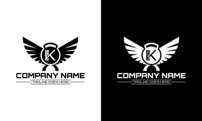 Barbell and wing logo design with the letter K concept.