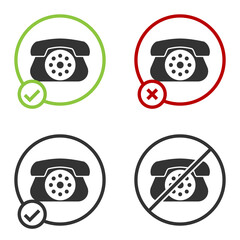 Black Telephone icon isolated on white background. Landline phone. Circle button. Vector Illustration.