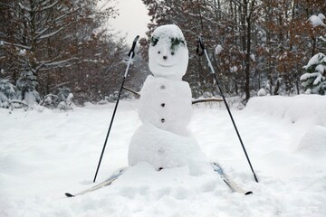 A snowman with skis stands in the middle of the forest in snowy weather