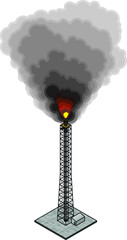 An excess gas burn-off flare tower. Black smoke and soot.