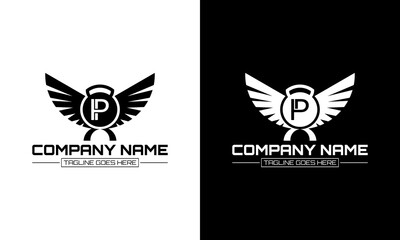 Barbell and wing logo design with the letter P concept.