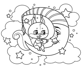 Cute cartoon squirrel holding a cup in paws sits on the crescent moon and tells something outlined for coloring on white background
