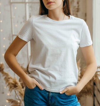 Stylish girl wearing white t-shirt posing in studio