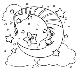 Cute cartoon smiling moon speaks to a star outlined for coloring on white background