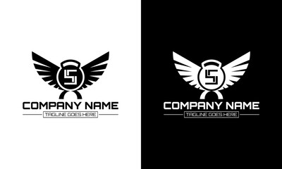 Barbell and wing logo design with the letter S concept.