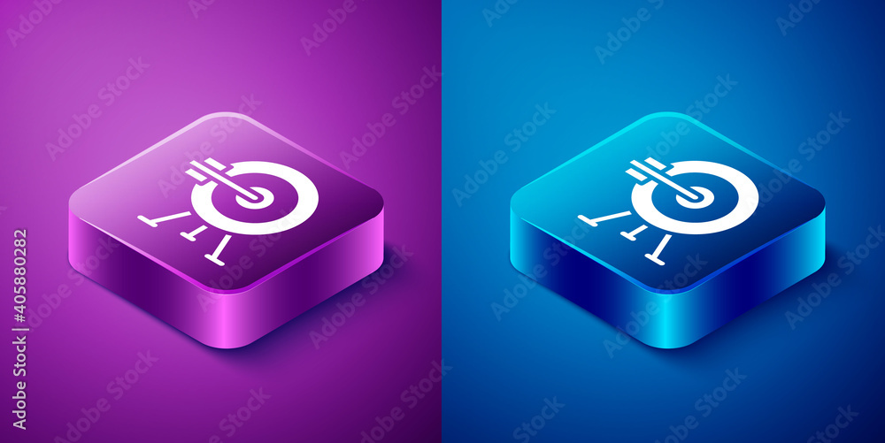 Aufkleber isometric target with arrow icon isolated on blue and purple background. dart board sign. archery bo