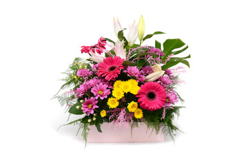 Bouquet of flowers in the box isolated on white background