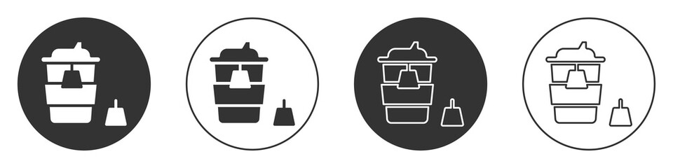 Black Coffee cup to go icon isolated on white background. Circle button. Vector.