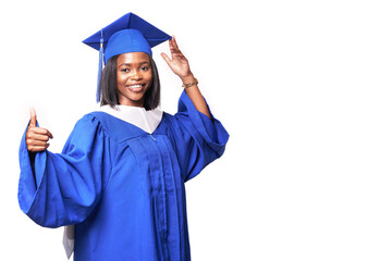 African-American beautiful woman in a blue robe and hat, on a white isolated background smiles and...