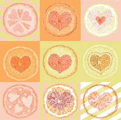 Set of labels, cards, backgrounds for Valentine's Day. Hearts inscribed in round oranges. Pink, pistachio orange red colors.