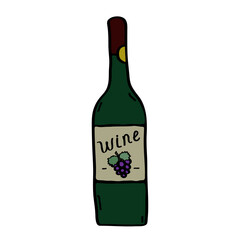 Bottle wine doodle logo icon sign Grape leaves symbol emblem Hand drawn lettering sketch concept Cartoon game style design Fashion print clothes apparel greeting invitation card flyer banner poster