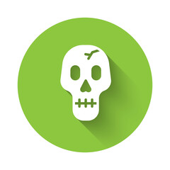 White Skull icon isolated with long shadow. Happy Halloween party. Green circle button. Vector.