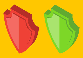 Security Shields in red and in green color. 3D shields, icons. Security isometric icons. Armor isometric plate. Symbol of security and protection. Vector isolated