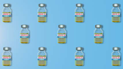 Covid-19 Vaccine bottles rotation in the air. close-up liquid detail in bottles 3d render