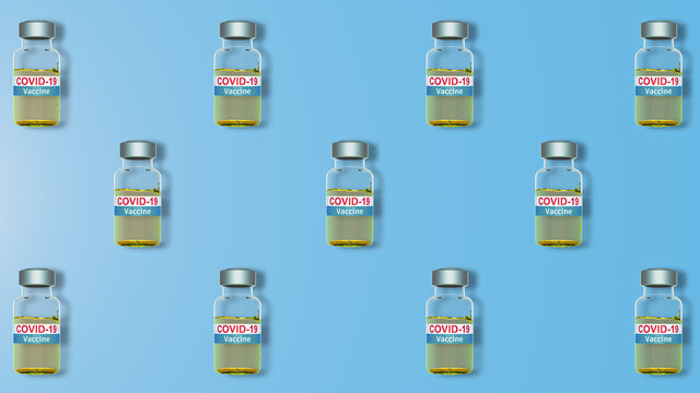 Covid-19 Vaccine bottles rotation in the air. close-up liquid detail in bottles 3d render