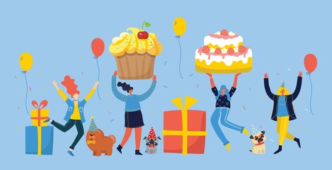 Party background. Happy group of people jumping on a bright background. The concept of friendship, healthy lifestyle, success. Vector illustration