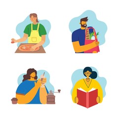 Set of people, men and women, family with kids reads book, works on laptop, searches with magnifier, communicates. Vector graphic objects for collages and illustrations.