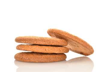 Several freshly baked round American cookies, close-up, isolated on white.