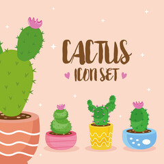 bundle of four cactus plants in ceramic pots and lettering set icons vector illustration design