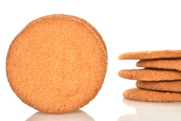 Several freshly baked round American cookies, close-up, isolated on white.
