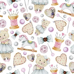 Gordijnen Cute pattern of drawn teddy bears, bunnies, sewing parts, pins, vintage toys and decor. Ideal for the design of children's clothing, cards, posters, appliques, stickers. © CreatArtStudio