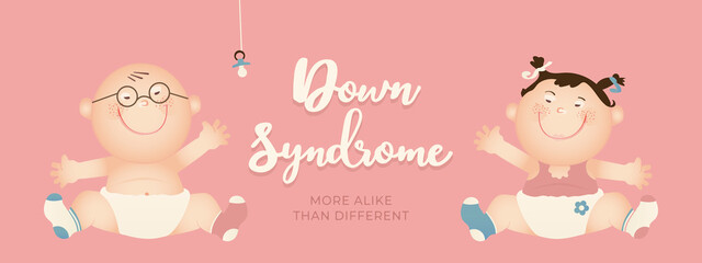 Down Syndrome children. Boy and girl with genetic disorder known as trisomy 21. Text: More alike than different. Banner for world down syndrome day on 21 march. Mismatched colored socks.