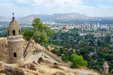 Beautiful shot of the stone cross tower in the Mount Rubidoux trail in California