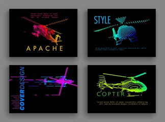 Art image set of a helicopter. Minimal cover design. Conceptual vector drawn by color lines