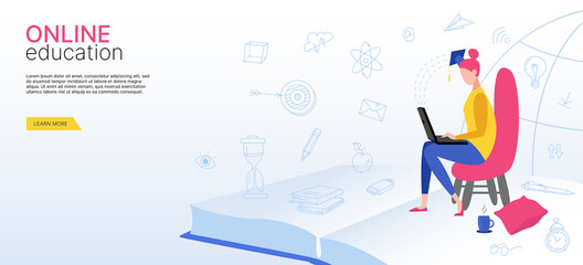 Online education. Distance courses. The girl is sitting on an armchair with a laptop. Vector flat illustration.