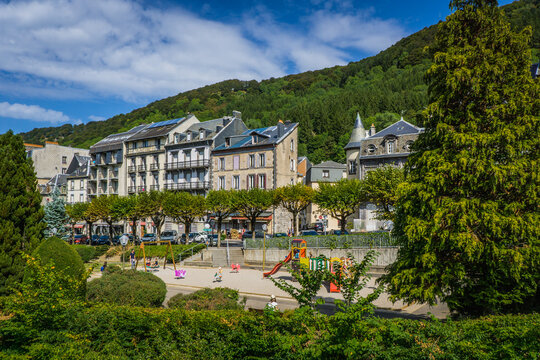 View from the park to small town of Mont Dore, a spa town in Auvergne, France