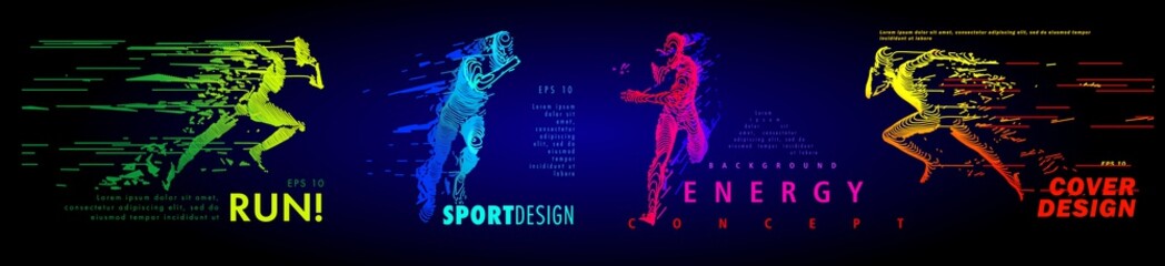 Art concept of a running man. Vector drawn by color lines. Minimal cover design. Creative line-art set.