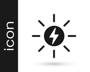 Black Solar energy panel icon isolated on white background. Sun with lightning symbol. Vector.